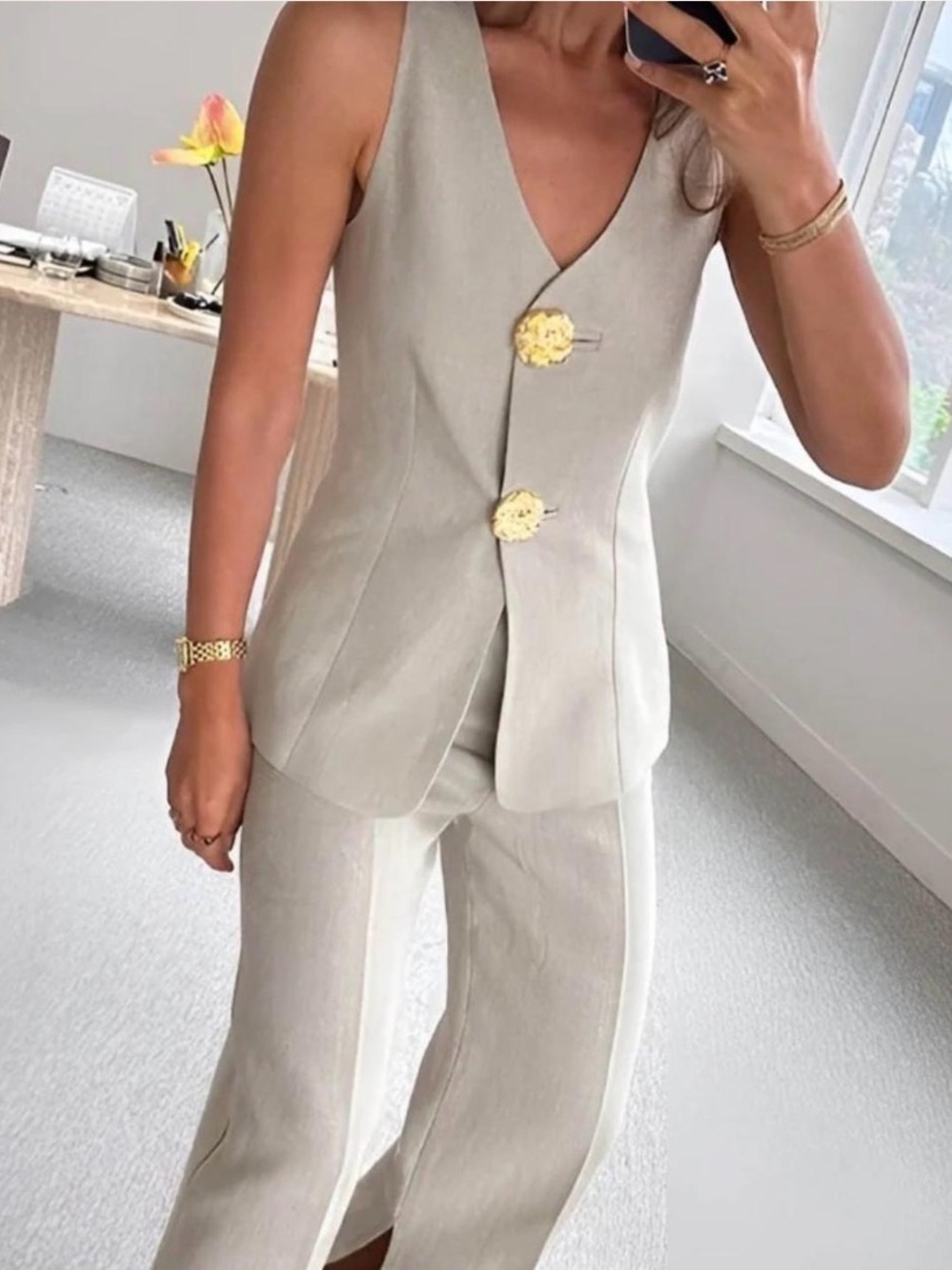 Commense button split sleeveless pants set